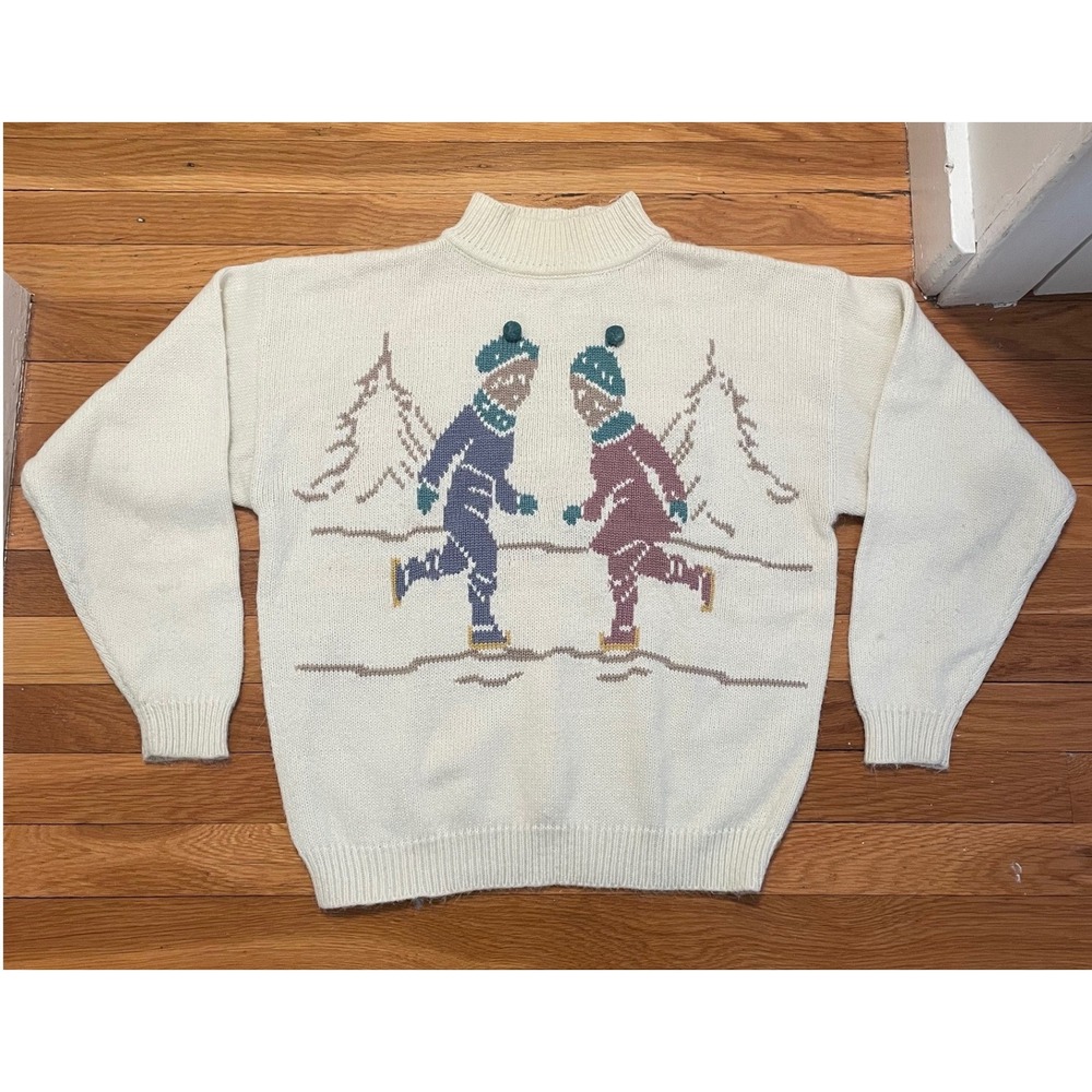 Vintage Mock Neck Sweater Ice Skaters Russ Studio‎ Cream Medium